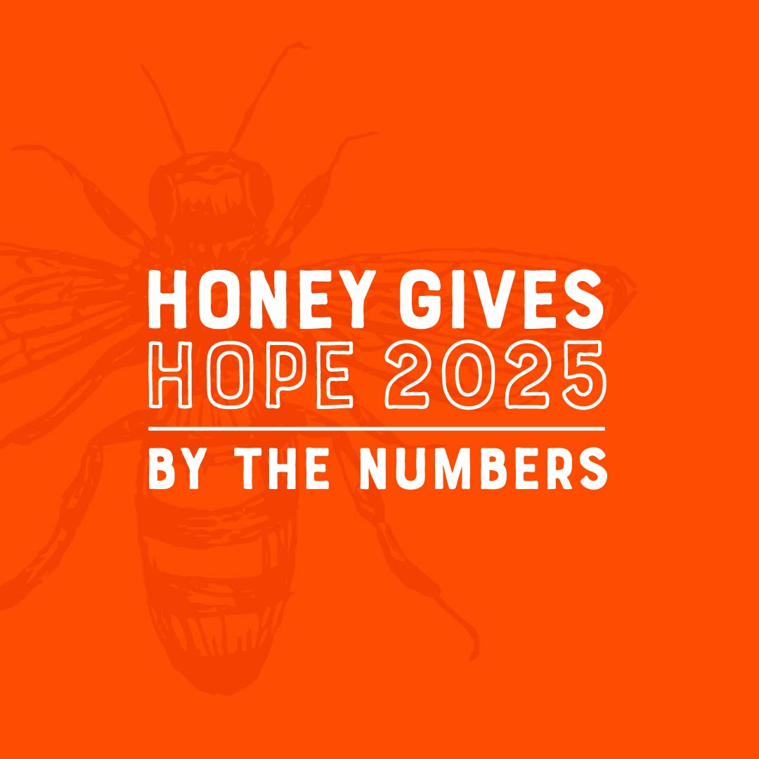 Bee icon on orange background with "Honey Gives Hope By the Numbers" overlay text in white.