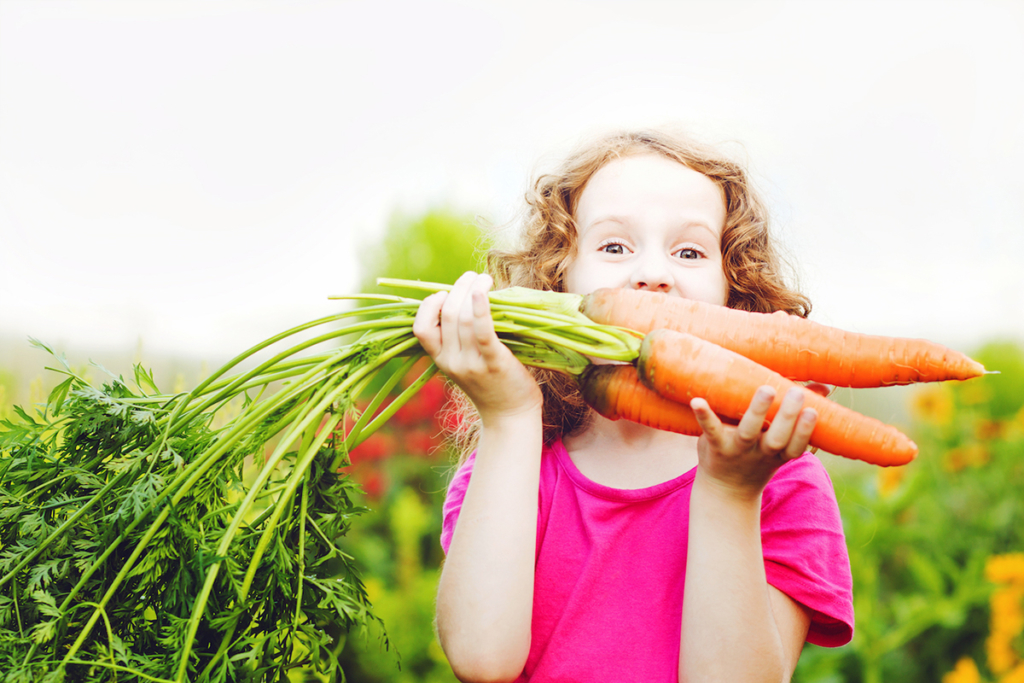 Child holding giant carrots like a mustache in a sunny garden.