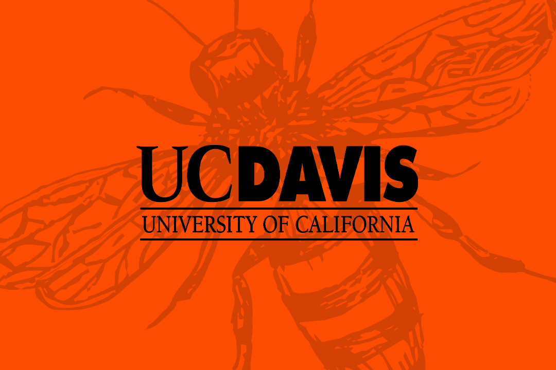 UC Davis, University of California logo on an orange background with a bee design.