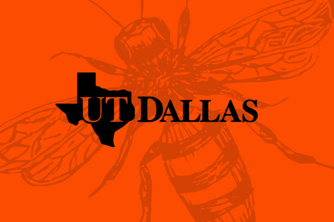 UT Dallas logo with a Texas shape on an orange background with a bee design.