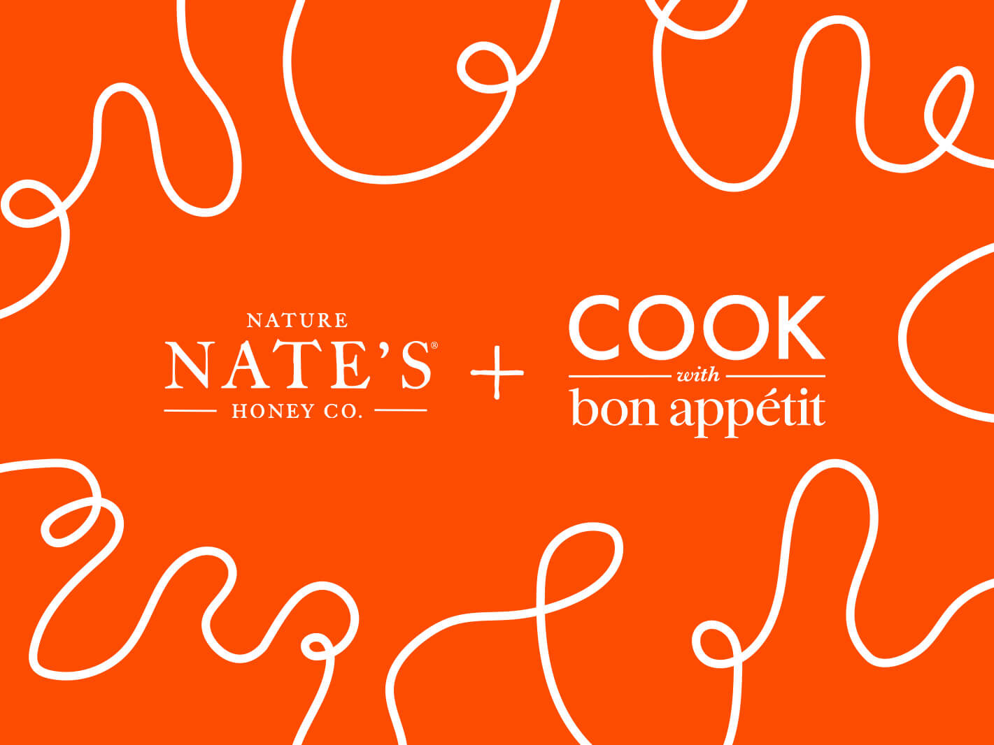 Nature Nate's logo, plus symbol and Bon Appétit logo on orange background with white swirl border.