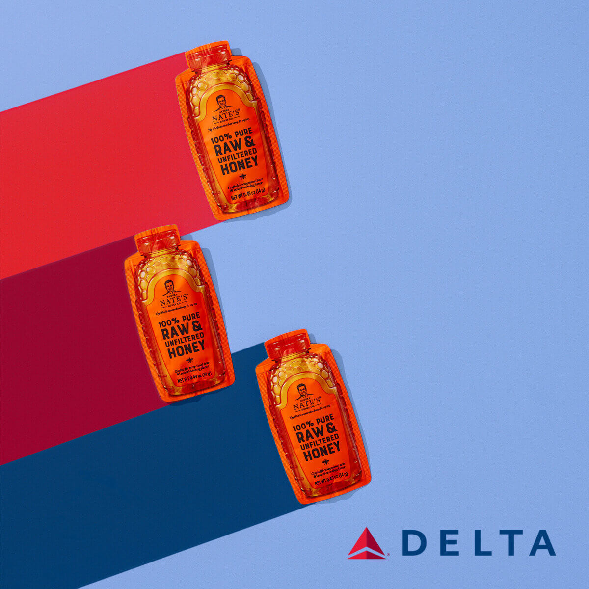 Nature Nate’s Honey Minis with Delta Air Lines logo on a colorful background.