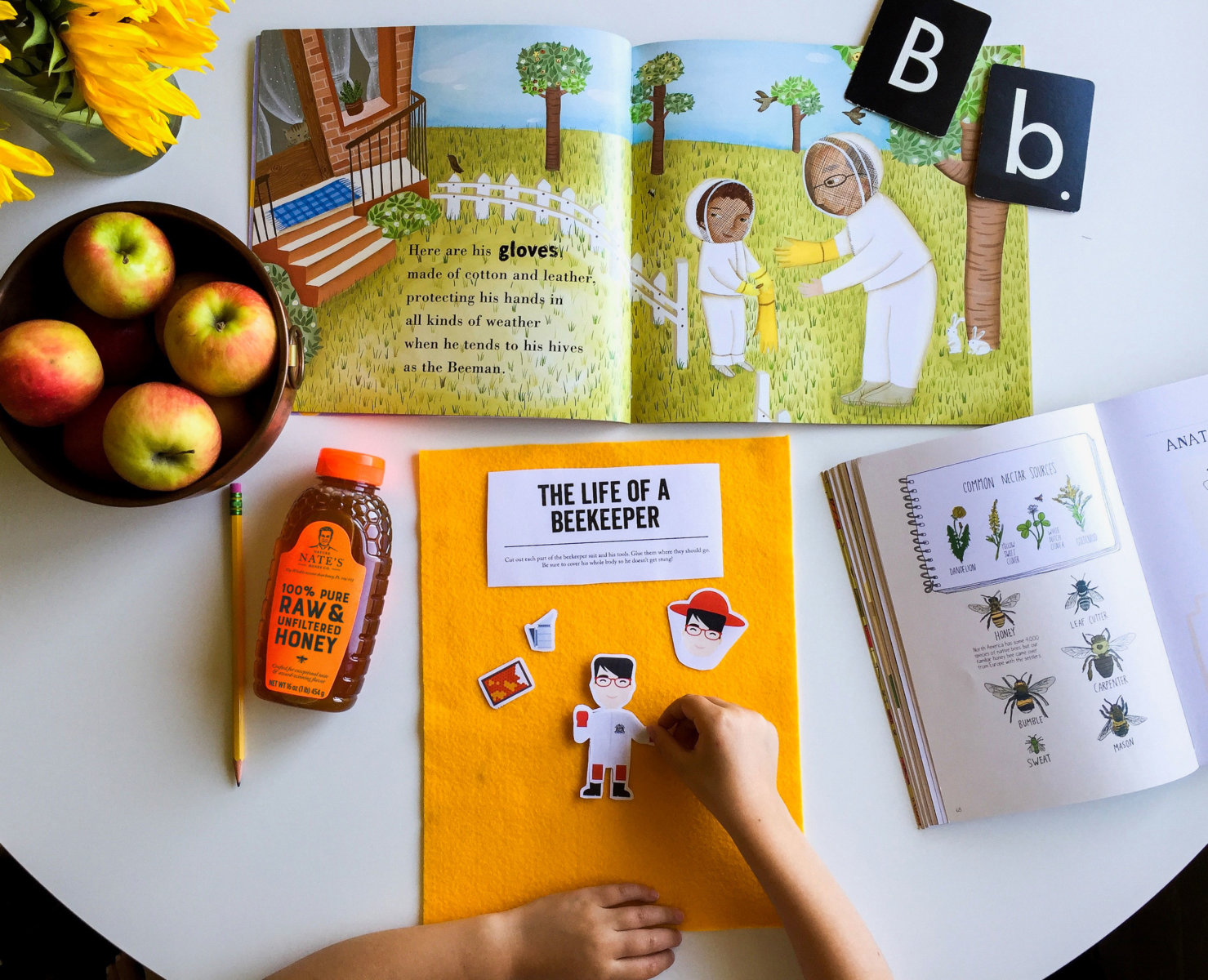 Child's hands with beekeeping books, Nate's honey bottle, apples, sunflowers on a white table.