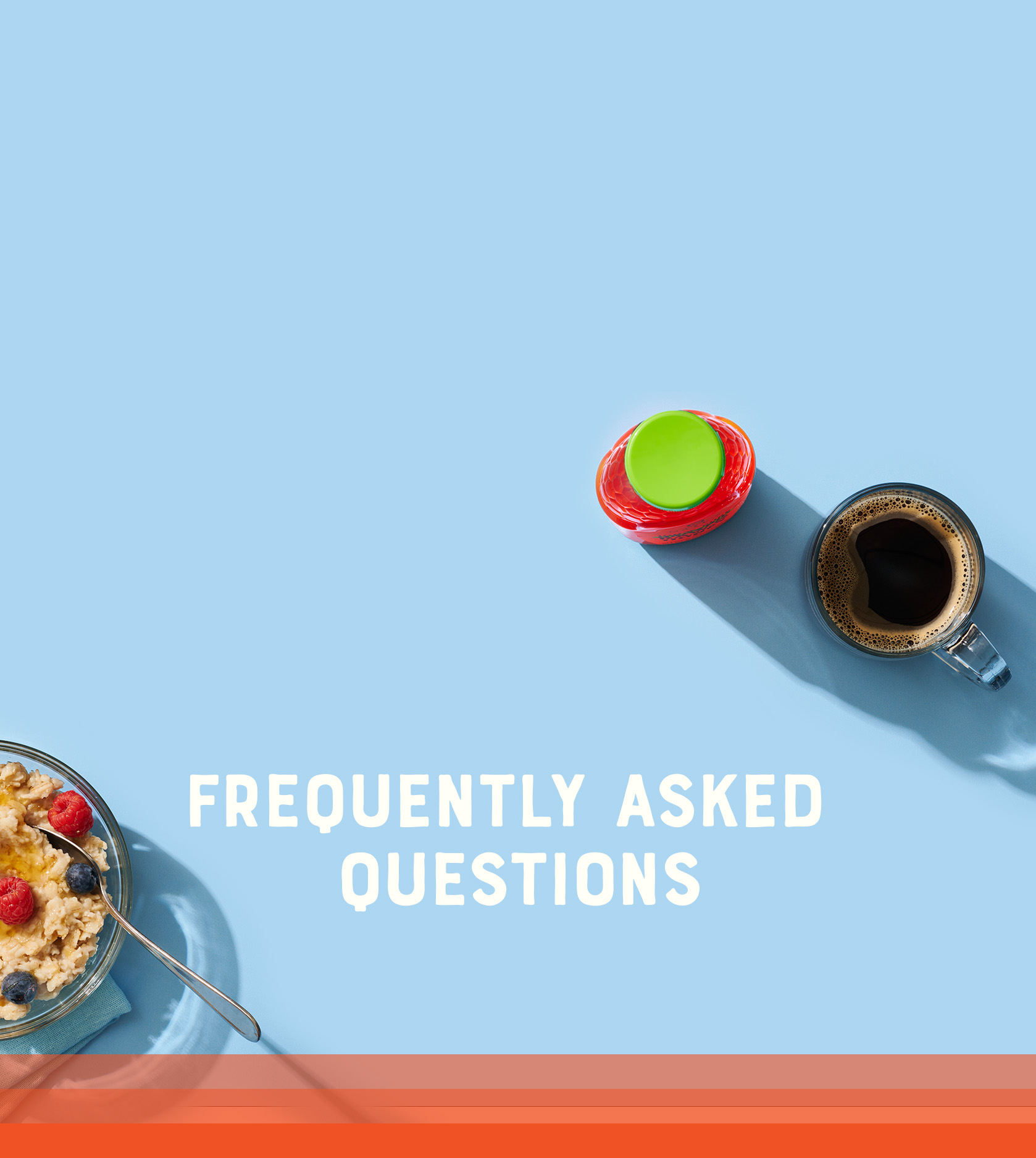 Nate's honey bottle, glass mug of coffee and bowl of oatmeal on blue background with text "frequently asked questions"