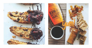Two images: Chocolate and berry biscotti and a bottle of Nate’s honey and a cup of coffee, next to snacks.