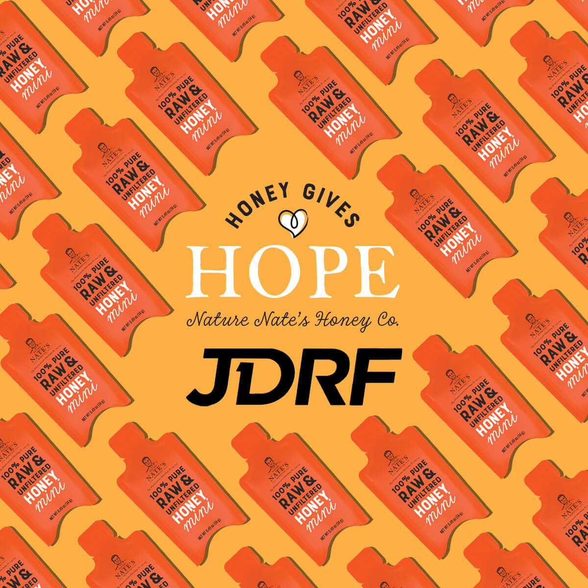 Pattern of Nate’s honey minis with Nate’s Honey Gives Hope, and JDRF logos on an orange background.
