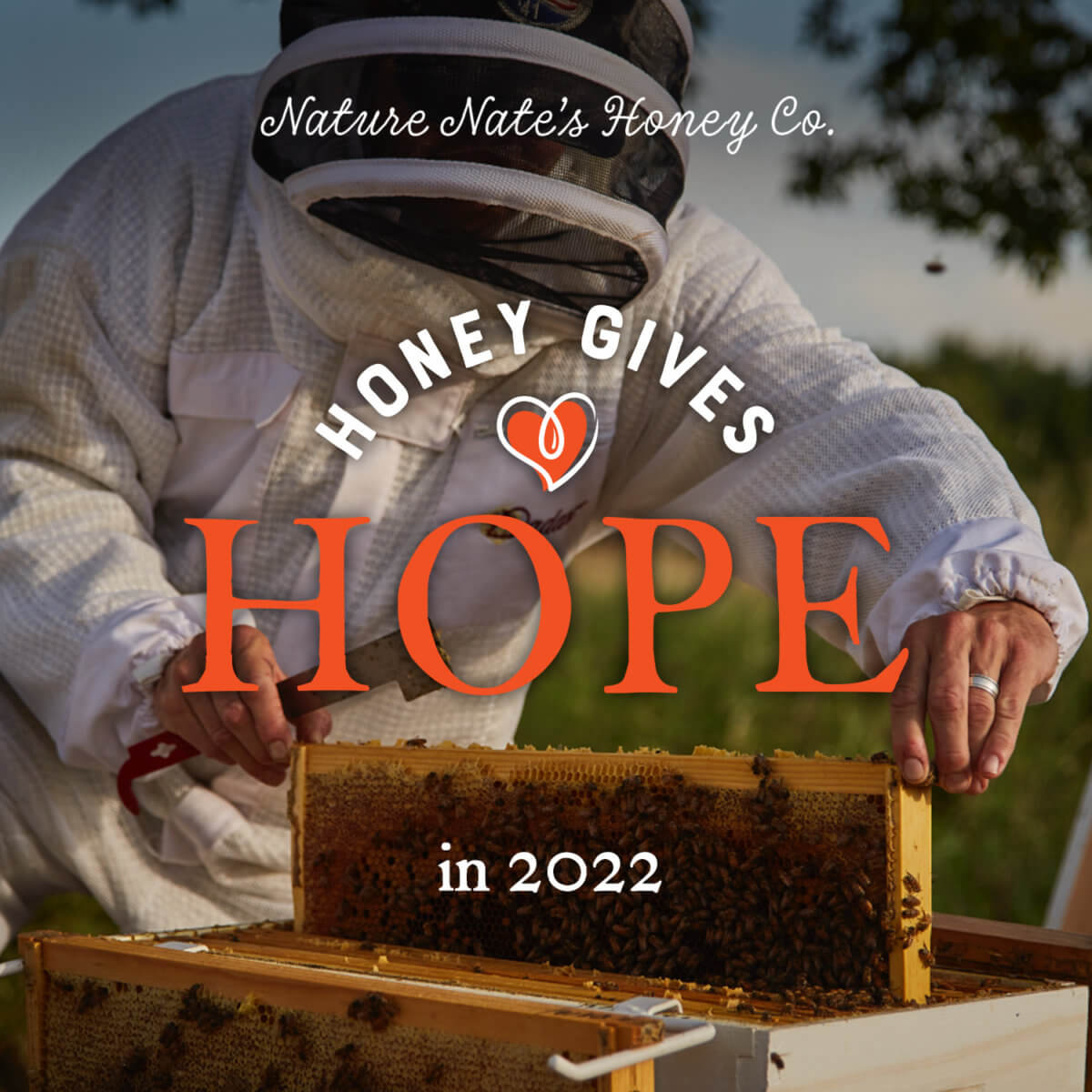 A beekeeper at Nature Nate's Honey Co. inspecting a hive frame with Honey Gives Hope in 2022, overlay text.