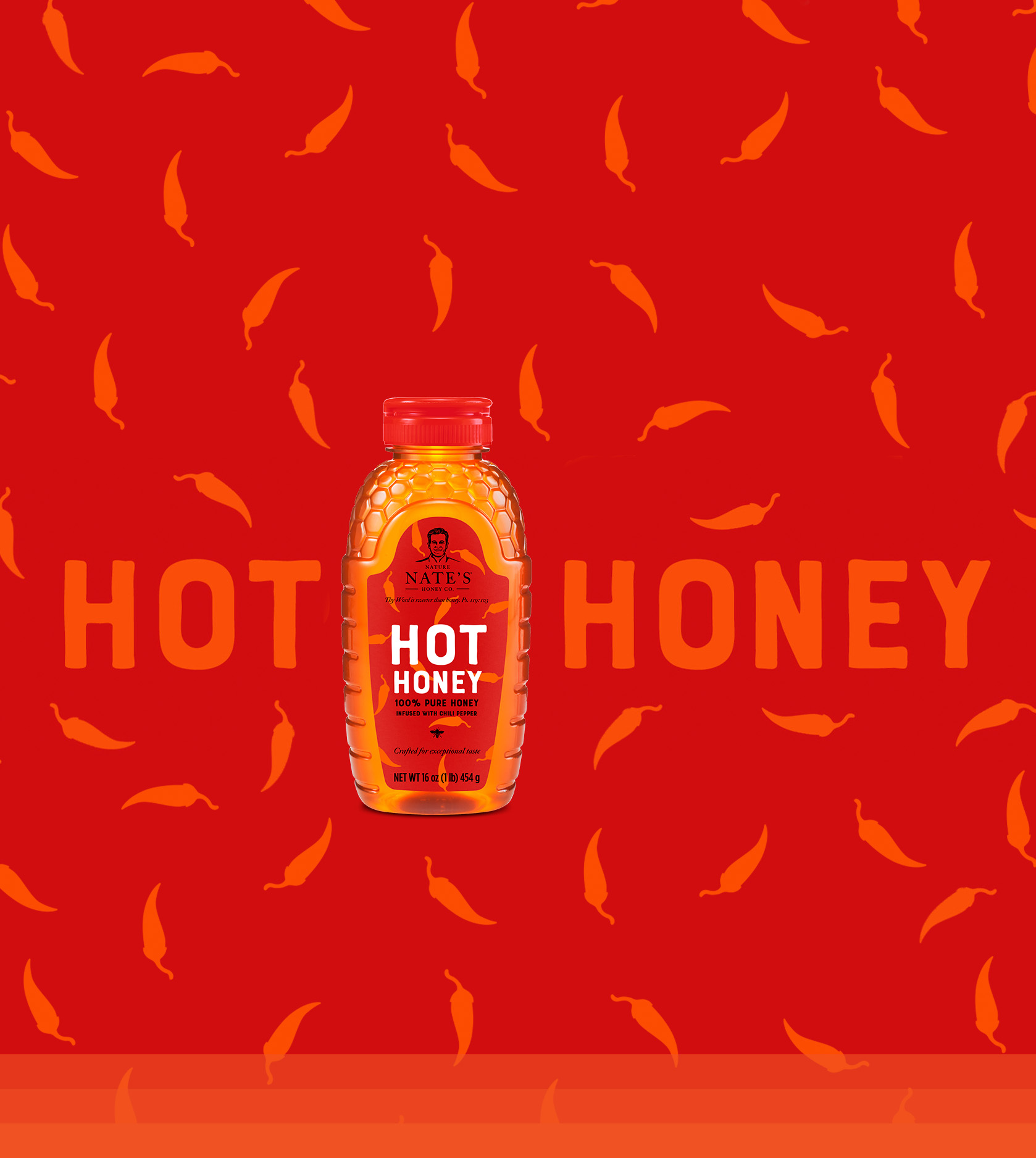 Nate's Hot Honey bottle against a red background with chili illustrations.