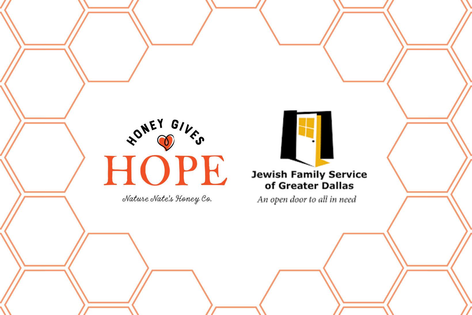 Honey Gives Hope, and Jewish Family Service logos on a honeycomb background.