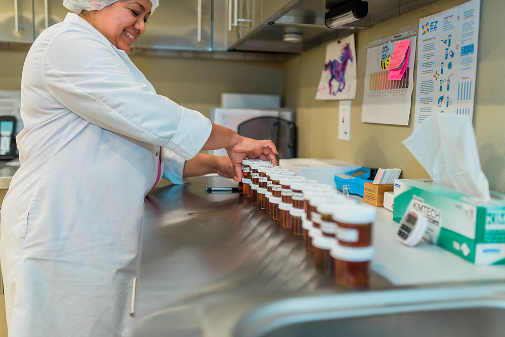 Worker arranging jars of honey in a testing facility. Worker arranging jars of honey in a testing facility.