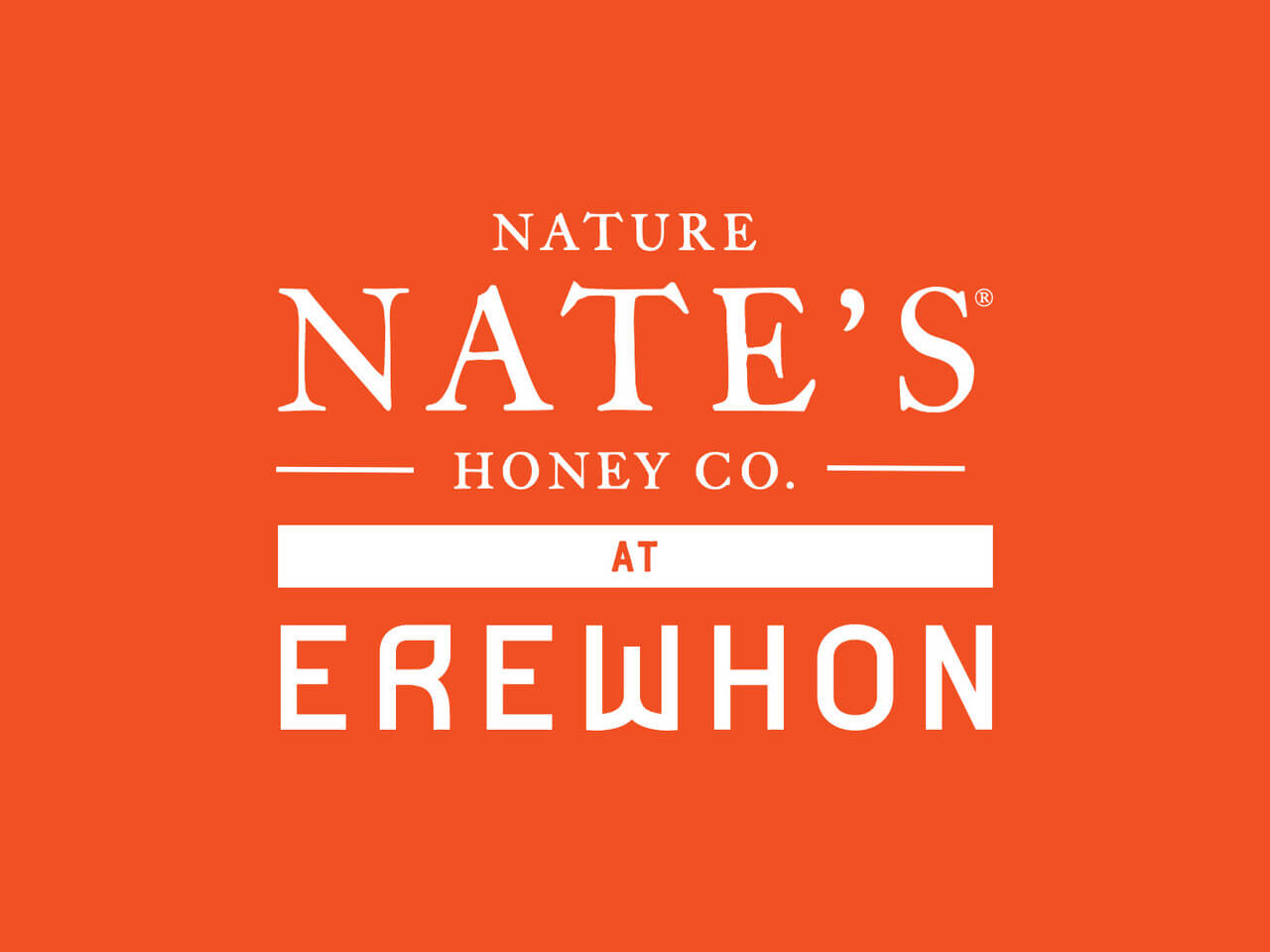 Nature Nate’s Honey Co. logo with AT EREWHON text on an orange background.