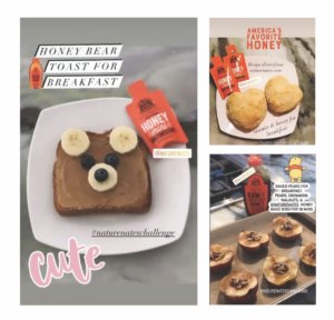 A bear-shaped toast with banana slices and a blueberry, biscuits beside a honey bottle, and honey drizzled mini pies. Text says Honey Bear Toast for Breakfast, and Cute.