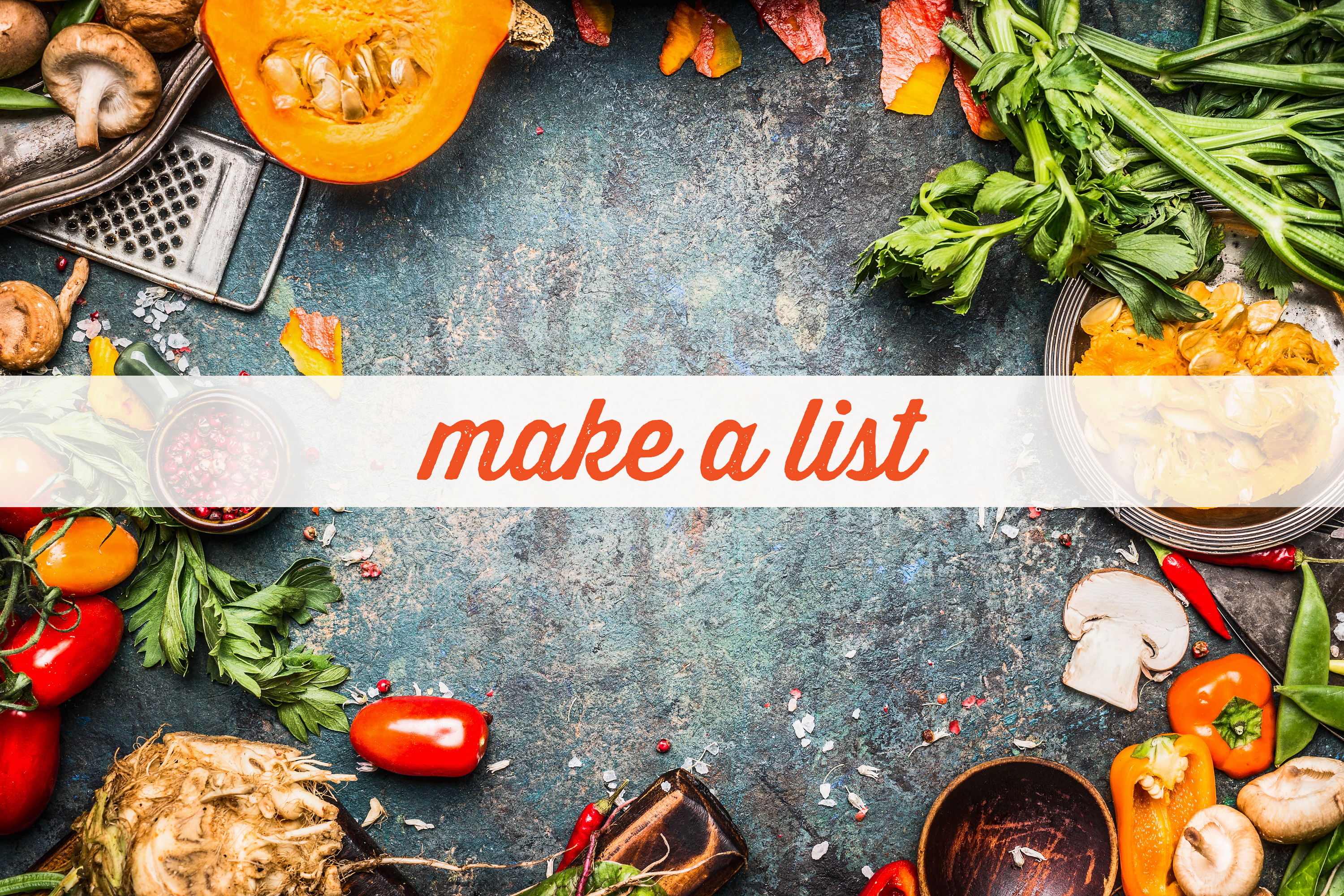 Colorful food ingredients around a make a list banner on a textured surface. Colorful food ingredients around a make a list banner on a textured surface.