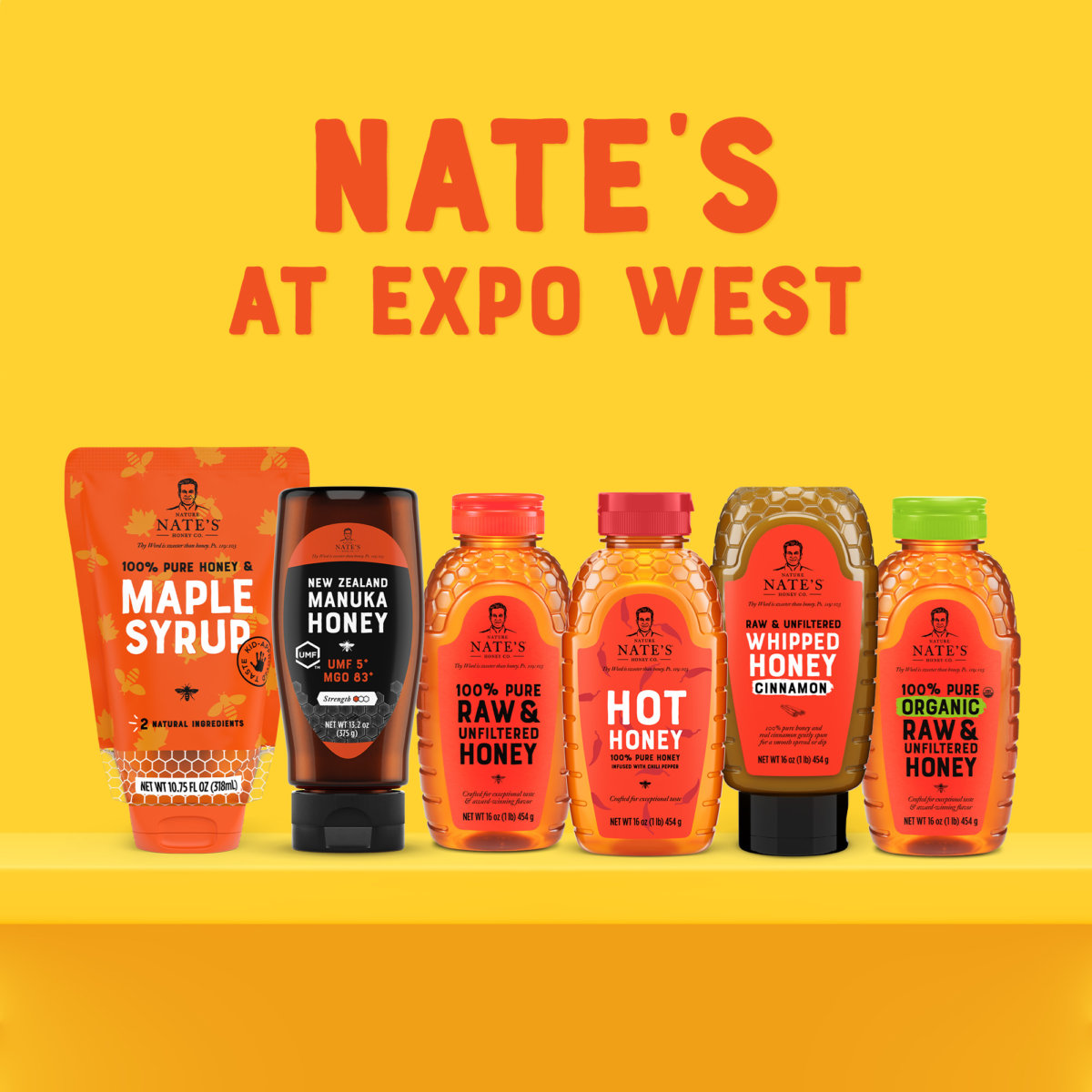 A range of Nate’s products, including maple syrup and various honey flavors, on display with NATE'S AT EXPO WEST text.