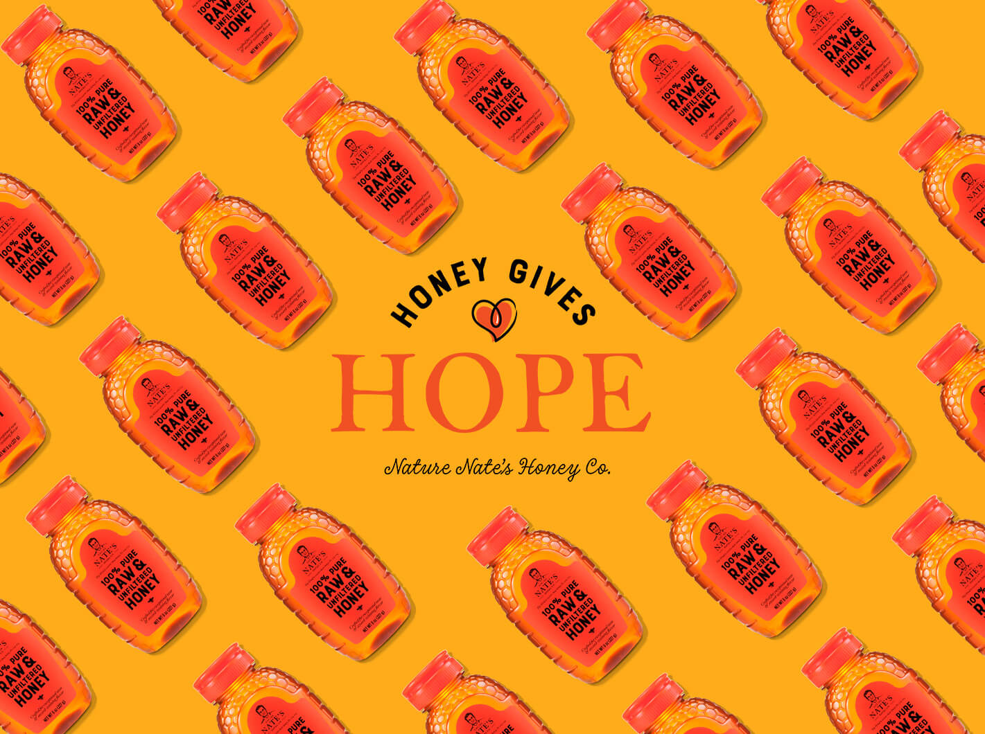 Nate's Honey Gives Hope logo centered on a wallpaper of Nate's honey bottles on top of light orange background.
