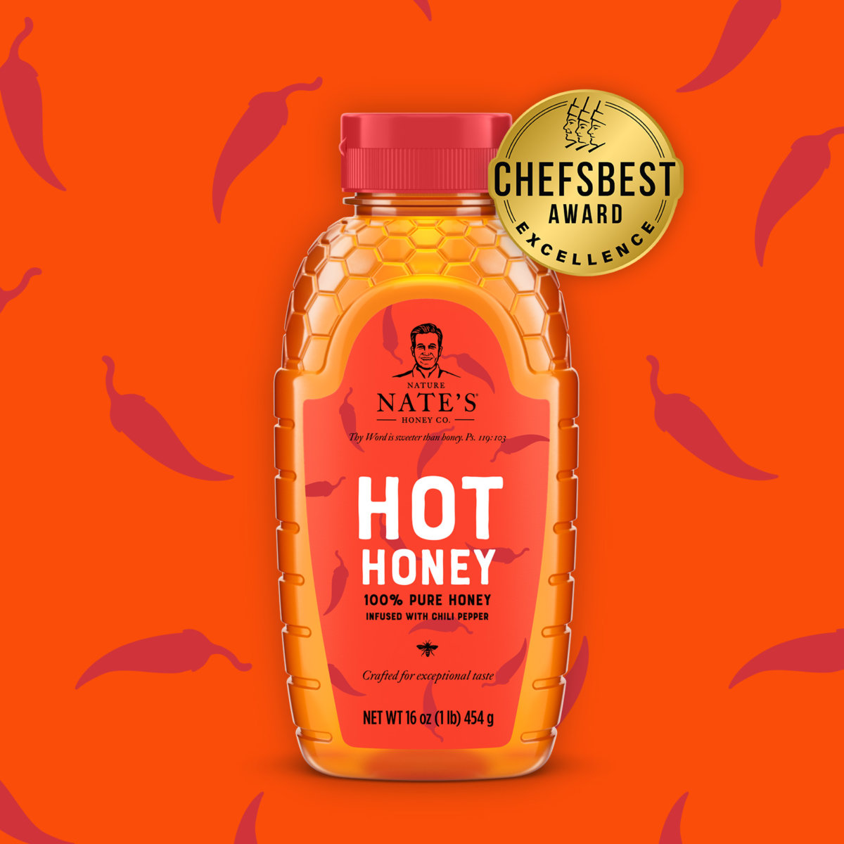 A bottle of Nate’s hot honey with a Chefs Best Award of Excellence badge with chili pepper illustrations.