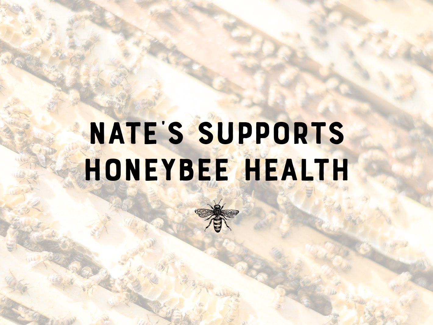 Text reading "Nate's supports honeybee health" above honeybee emblem and centered on background of honey bees in hive body.