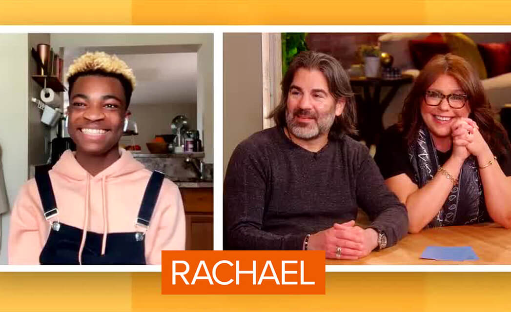 Three people on Rachael Ray Show, a young man on the left and a couple on the right with RACHAEL, overlay at bottom.