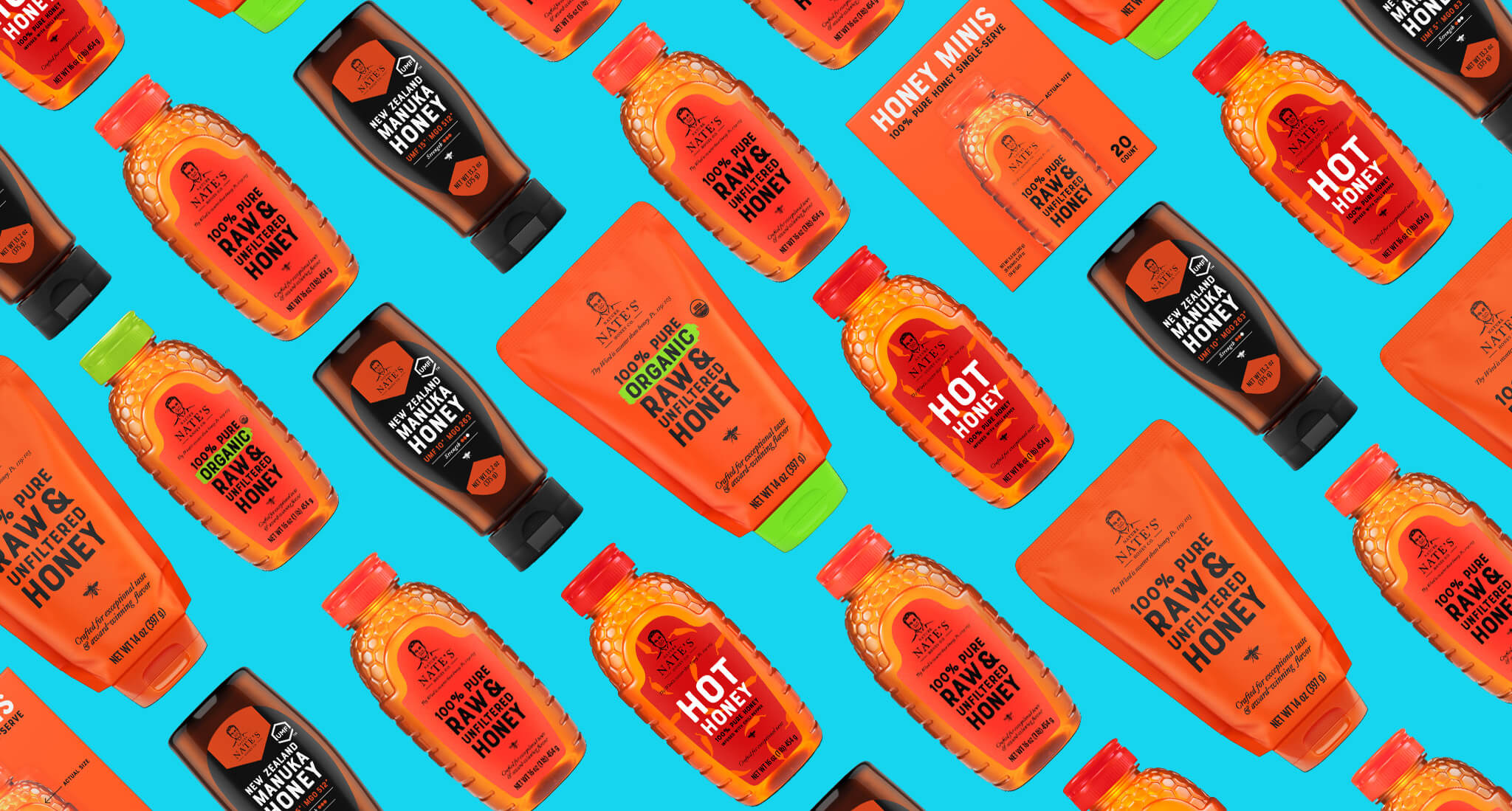 Pattern of assorted Nate's honey products on a blue background.