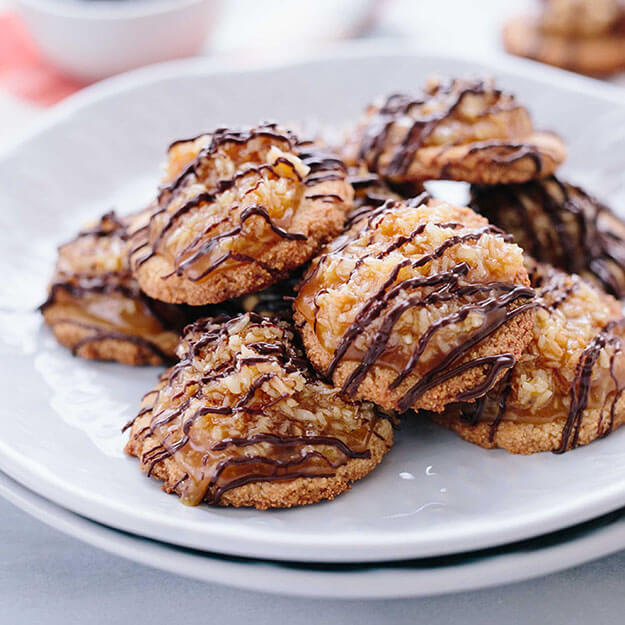 Coconut cookies drizzled with chocolate on a white plate.