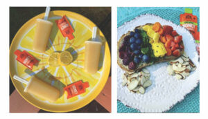 Two images: Homemade popsicles with Nate’s honey minis and open-faced fruit and nut toast beside a Nate’s honey minis. Two images: Homemade popsicles with Nate’s honey minis and open-faced fruit and nut toast beside a Nate’s honey minis.