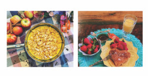 Two images: A fruit crumble pie next to fresh apples, and a toast with strawberries and honey, with a glass of juice.