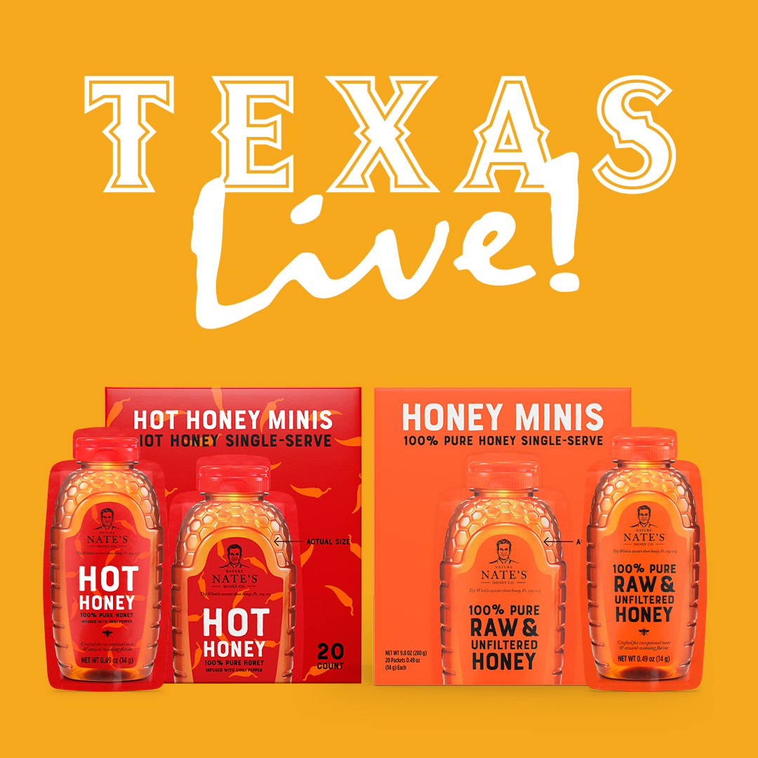 Nature Nate’s Honey Minis and Hot Honey Minis displayed in front of a Texas Live! logo on an orange background.