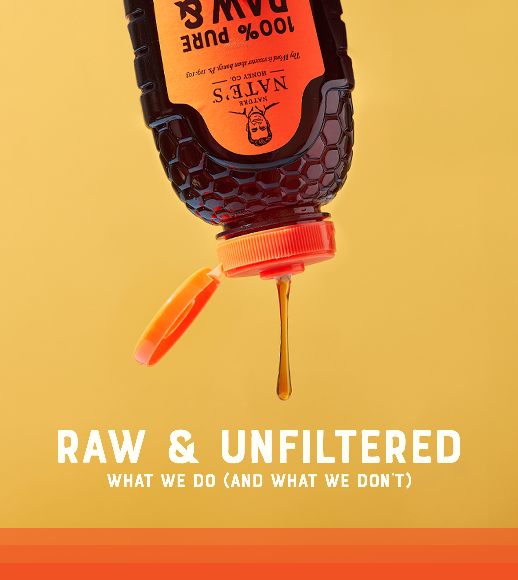 Bottle of Nate's honey dripping onto a yellow-orange gradient with, RAW & UNFILTERED text.