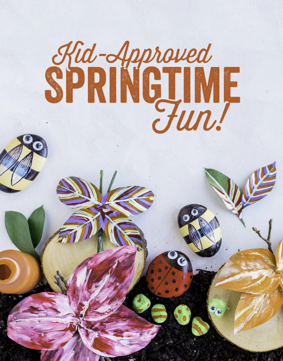 Colorful craft rocks painted as various insects and plants with Kid-Approved Springtime Fun! text above.