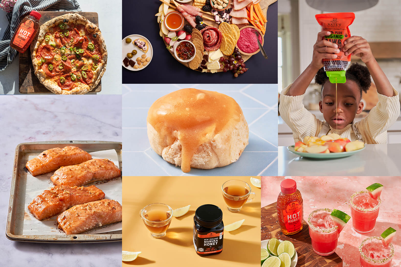 A collage of food items with a child squeezing honey onto fruit, showcasing salmon fillets, a loaf of bread, a pizza, a cheeseboard, honey jars, and drinks.