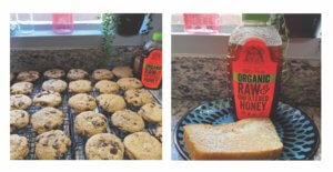 Two images: Freshly baked cookies on racks cooling by a window and a bottle of Nate’s organic honey with toast. Two images: Freshly baked cookies on racks cooling by a window and a bottle of Nate’s organic honey with toast.