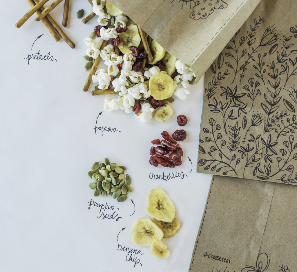 A mix of popcorn, pretzels, seeds, dried bananas and cranberries on labelled paper next to patterned bags.