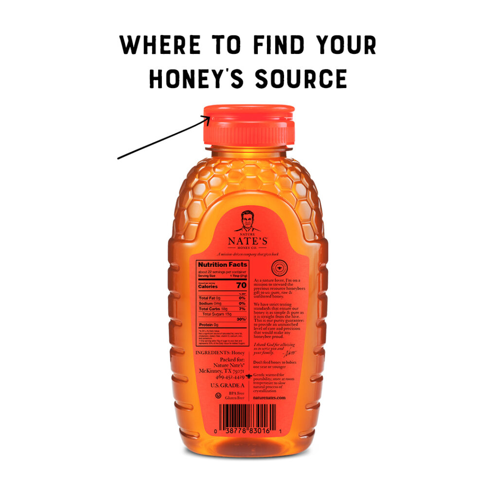 Back of classic bottle with "Where to Find Your Honey's Source" text overlay.