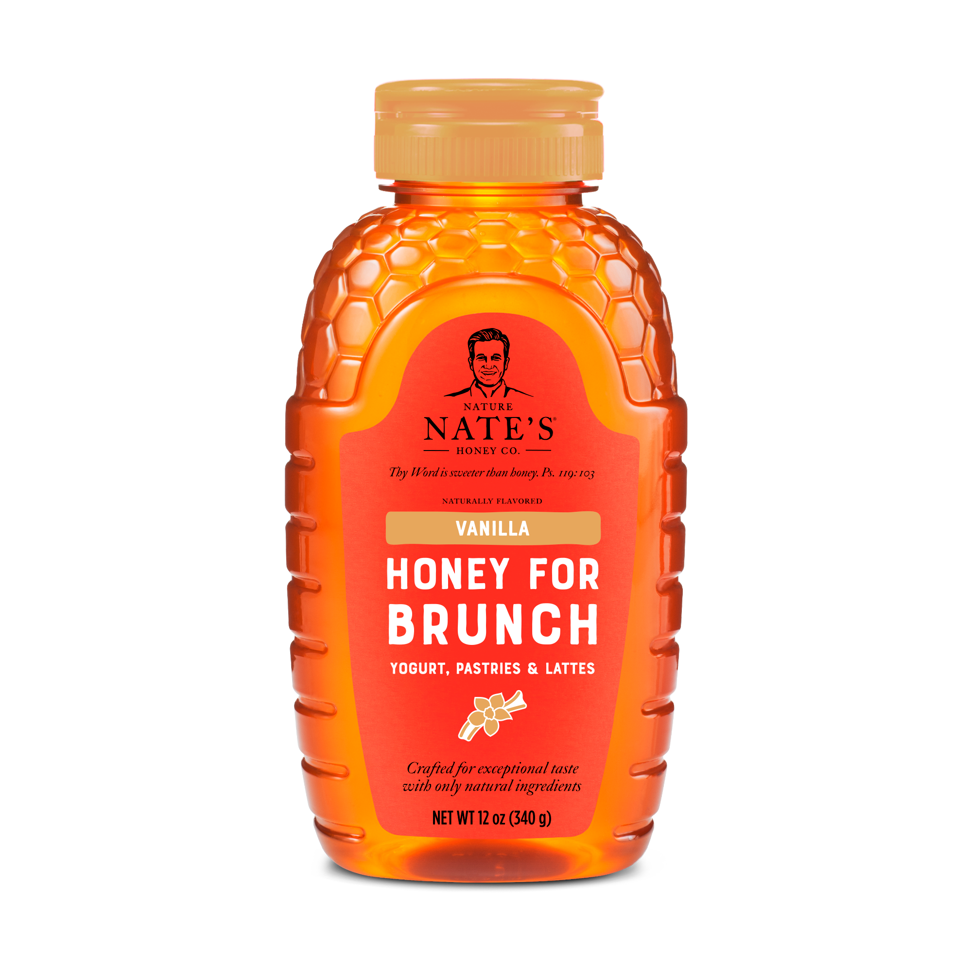 Front of 12oz Vanilla Flavored Honey bottle