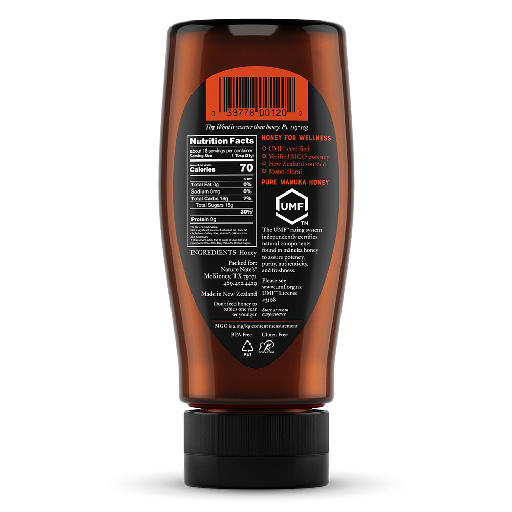 Back label of Nate's bottle of manuka UMF 5.