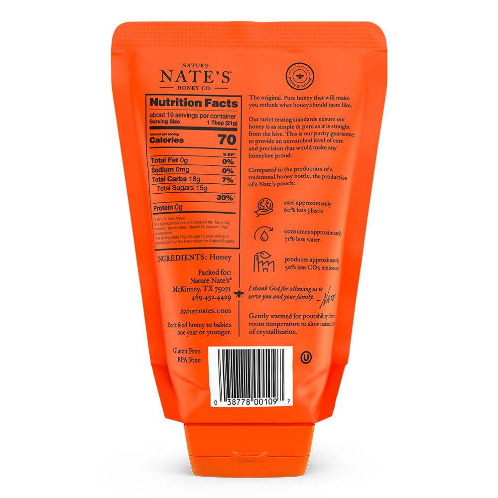 The back label of Nate's 14 oz pouch of 100% pure, raw & unfiltered honey.