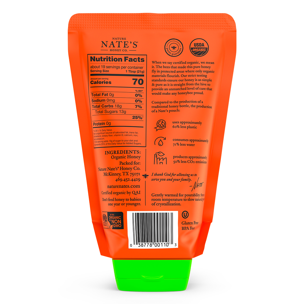 The back label of Nate's 14 oz pouch of organic 100% pure, raw & unfiltered honey.