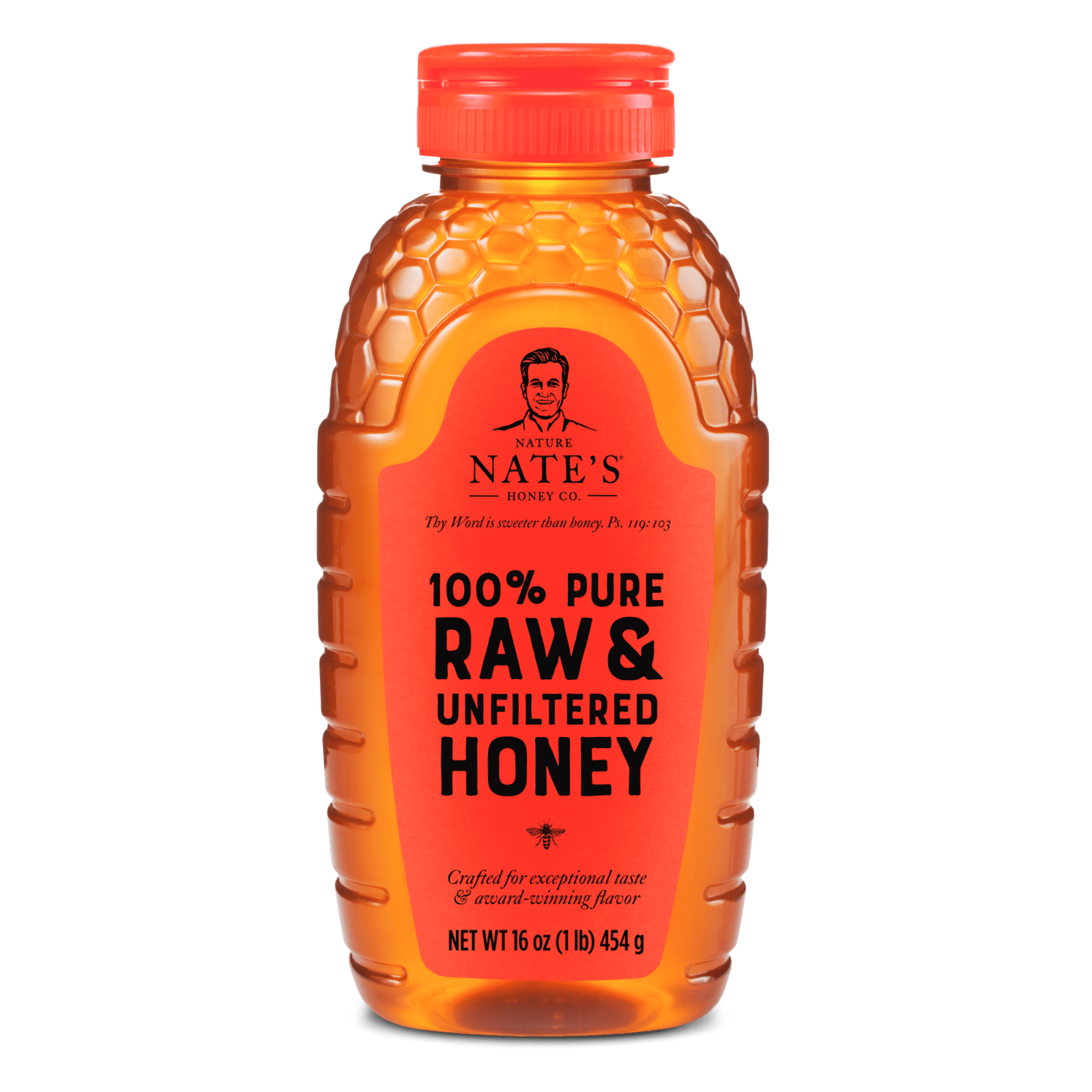 Front of a 16-ounce bottle of Nature Nate's Raw & Unfiltered Honey.