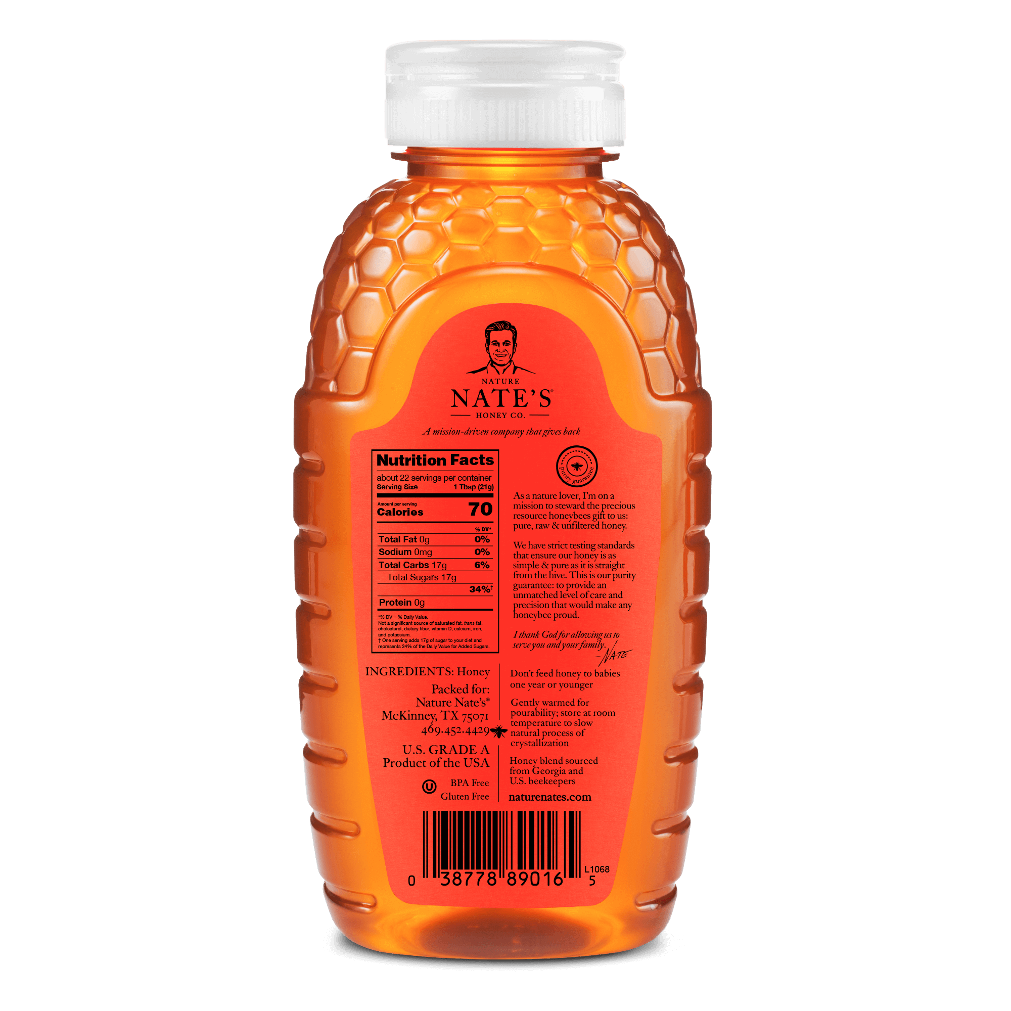 Nate's Georgia honey bottle with white cap, back side of bottle with label.