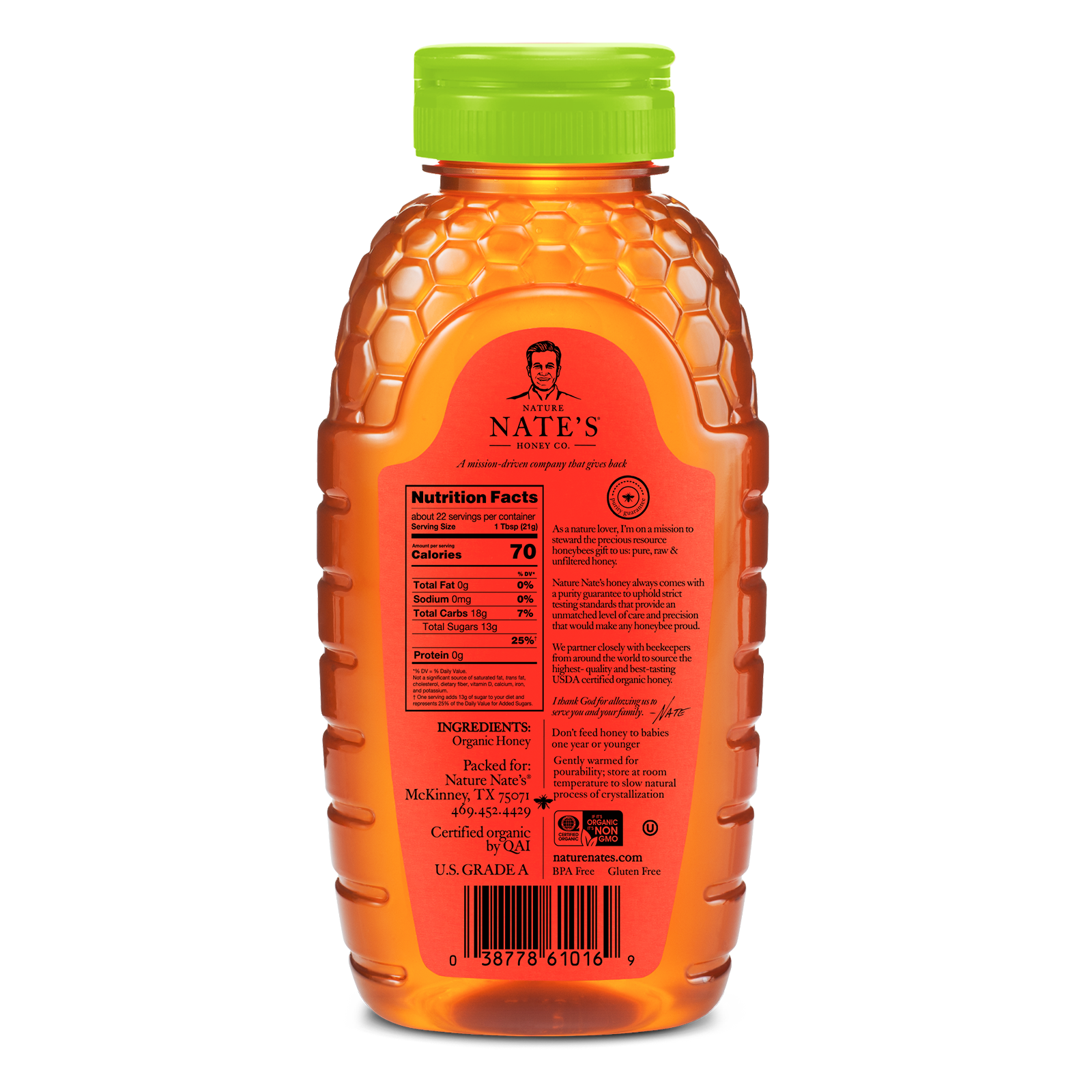 The back label of Nate's 16 oz bottle of 100% pure, raw & unfiltered organic honey.