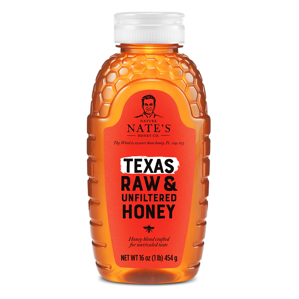 Nate's Texas honey bottle with white cap, on a white backdrop.