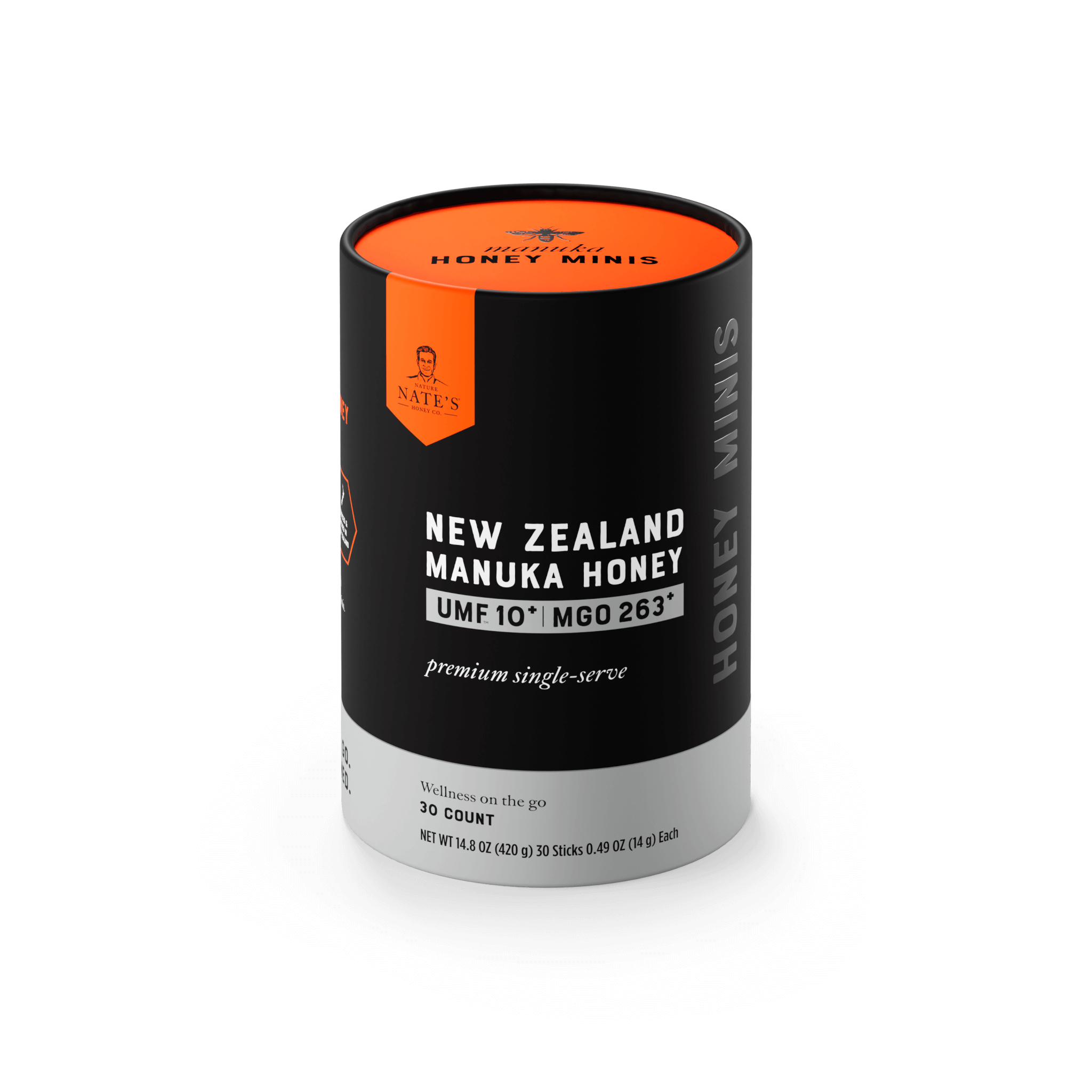 30ct Manuka UMF 10 cylinder box front and top angle.