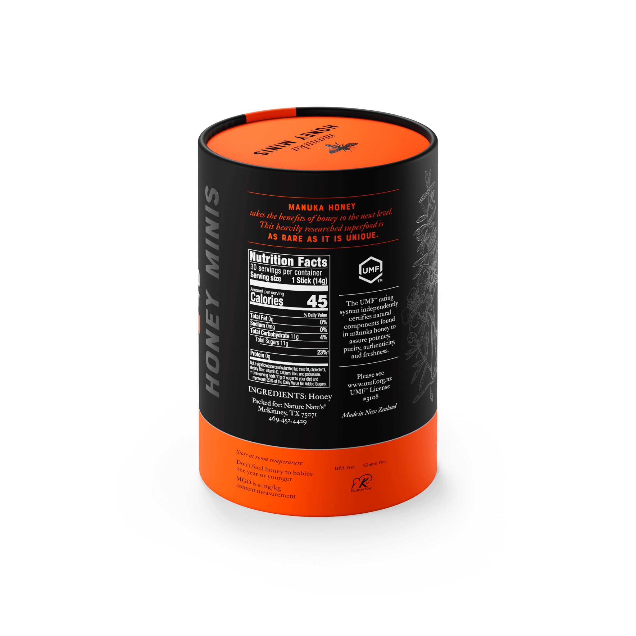 30ct Manuka UMF 5 cylinder box nutrition panel angle.