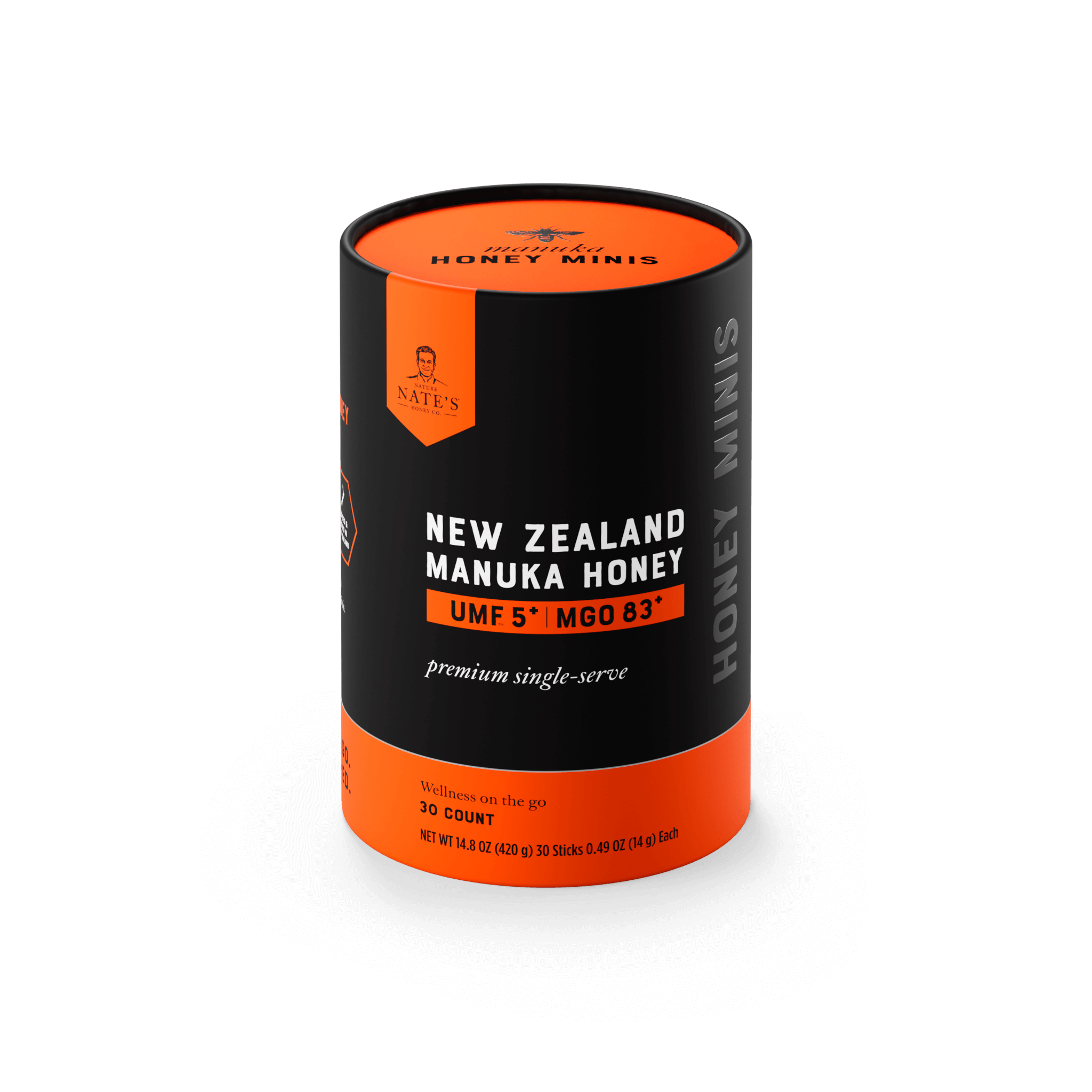 30ct Manuka UMF 5 cylinder box front and top angle.