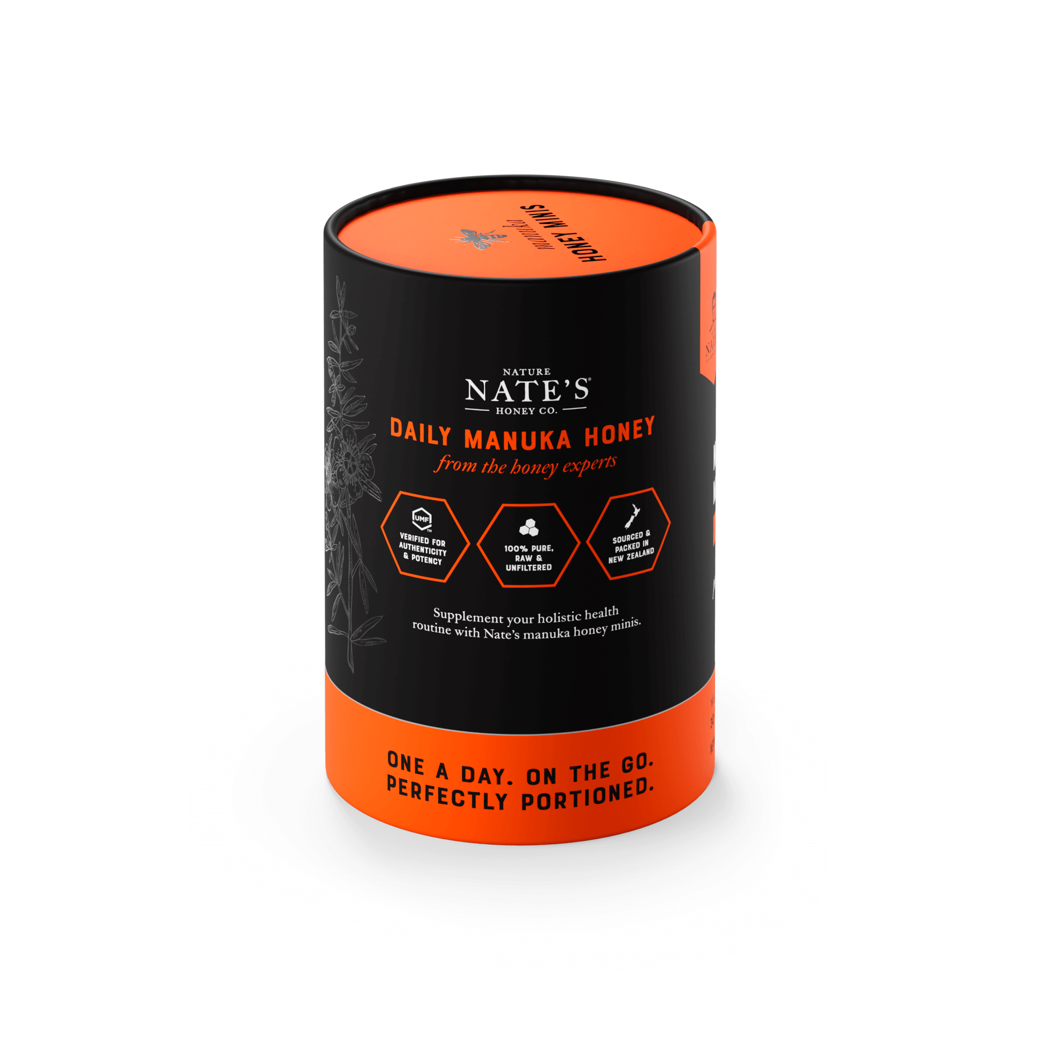 30ct Manuka UMF 5 cylinder box side angle.