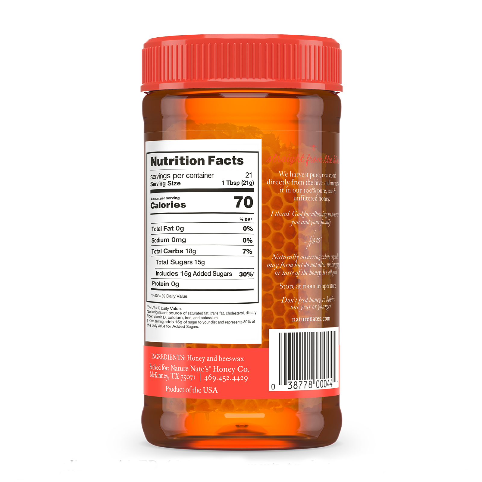 The back label of Nate's 16 oz jar of 100% pure, raw & unfiltered honey and comb.