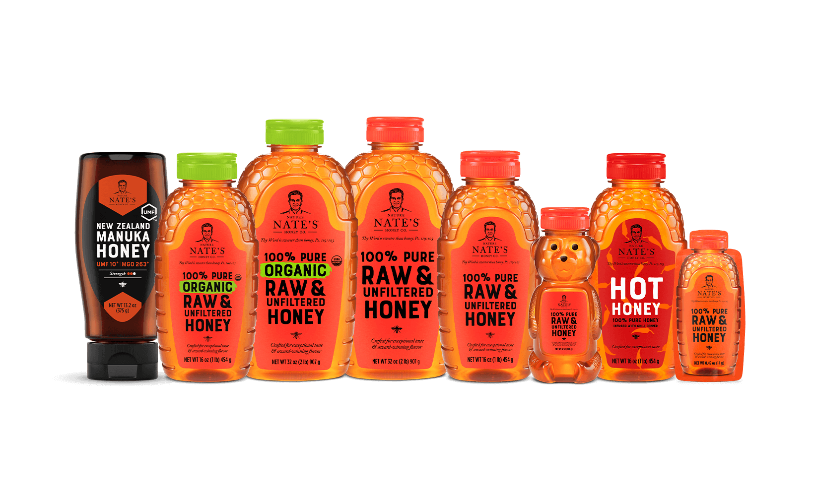 Assortment of Nate’s honey products, including raw & unfiltered, organic, manuka, minis and hot honey.