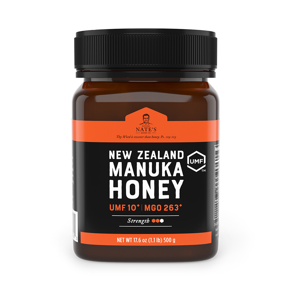 Front label of Nate's jar of manuka UMF 10.
