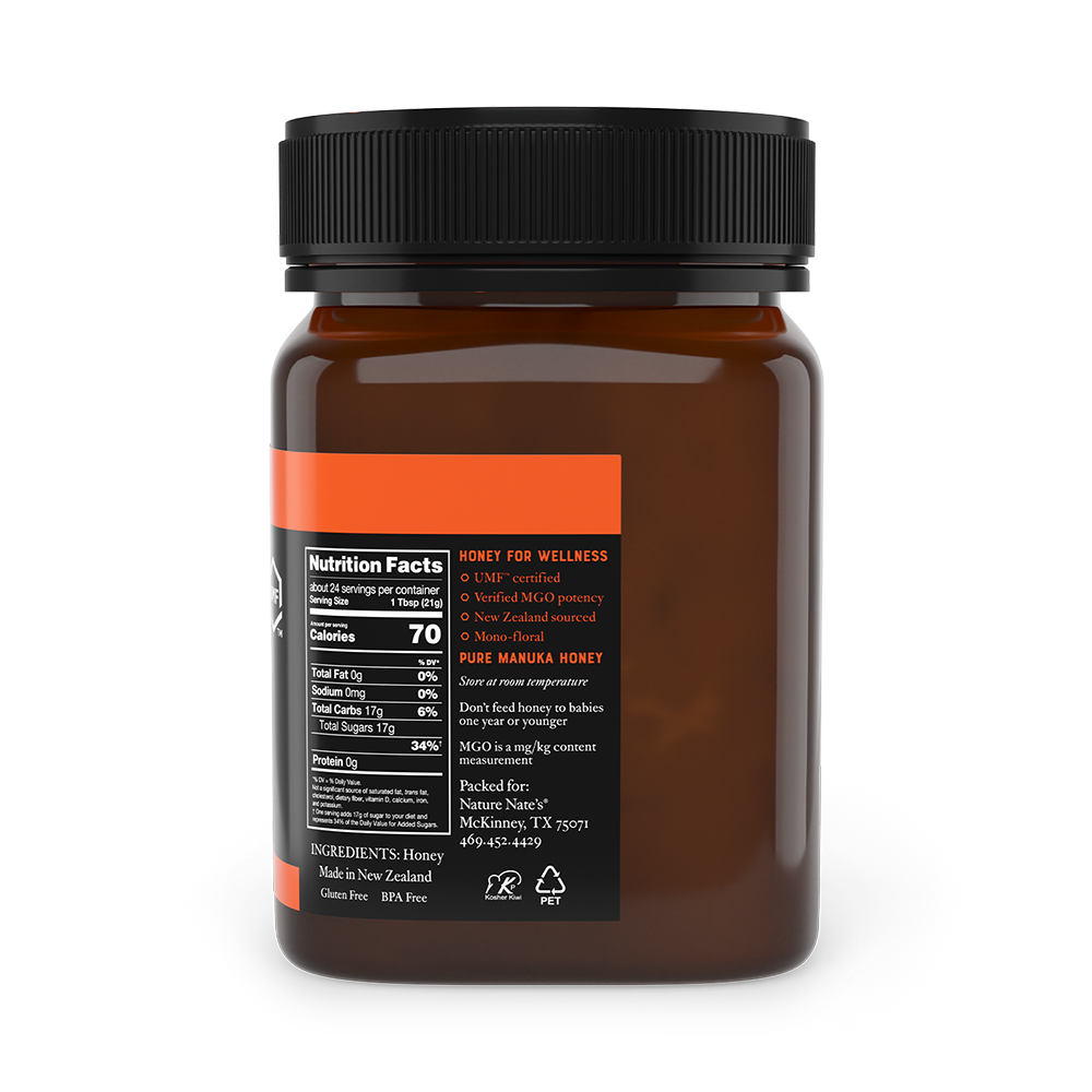 Right label of Nate's jar of manuka UMF 10.