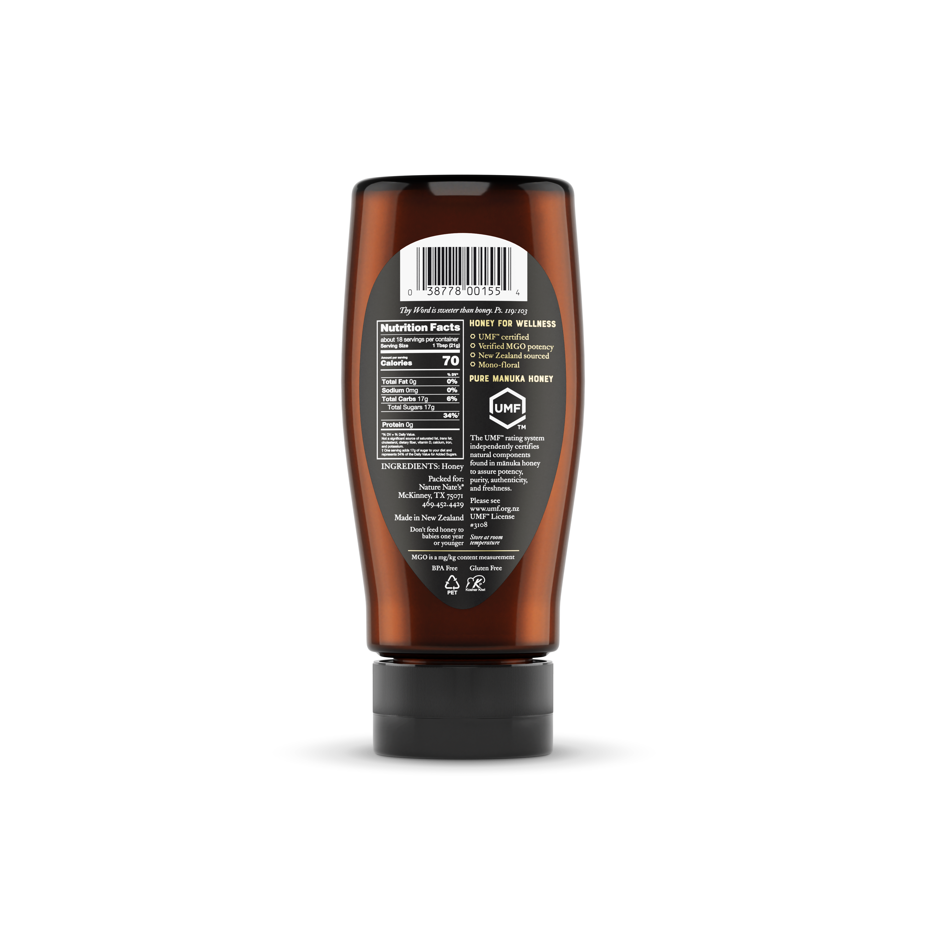 Back label of Nate's bottle of manuka UMF 830.